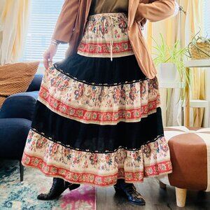 Vintage Prairie Midi Skirt 90s Ronnie Nicole Floral Beaded Flared | Size M/L